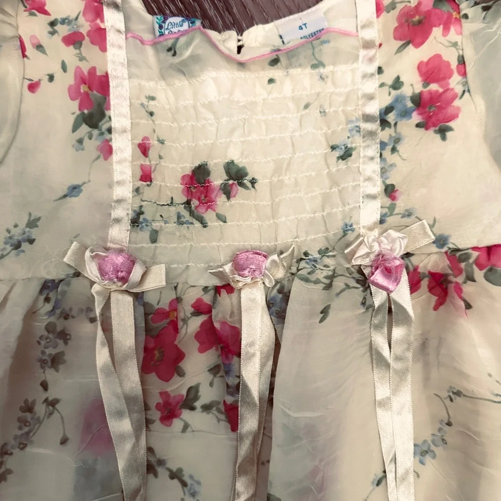 Little Lindsey 4T Vintage Floral Chiffon Dress Yellow Pink Rosettes ribbon